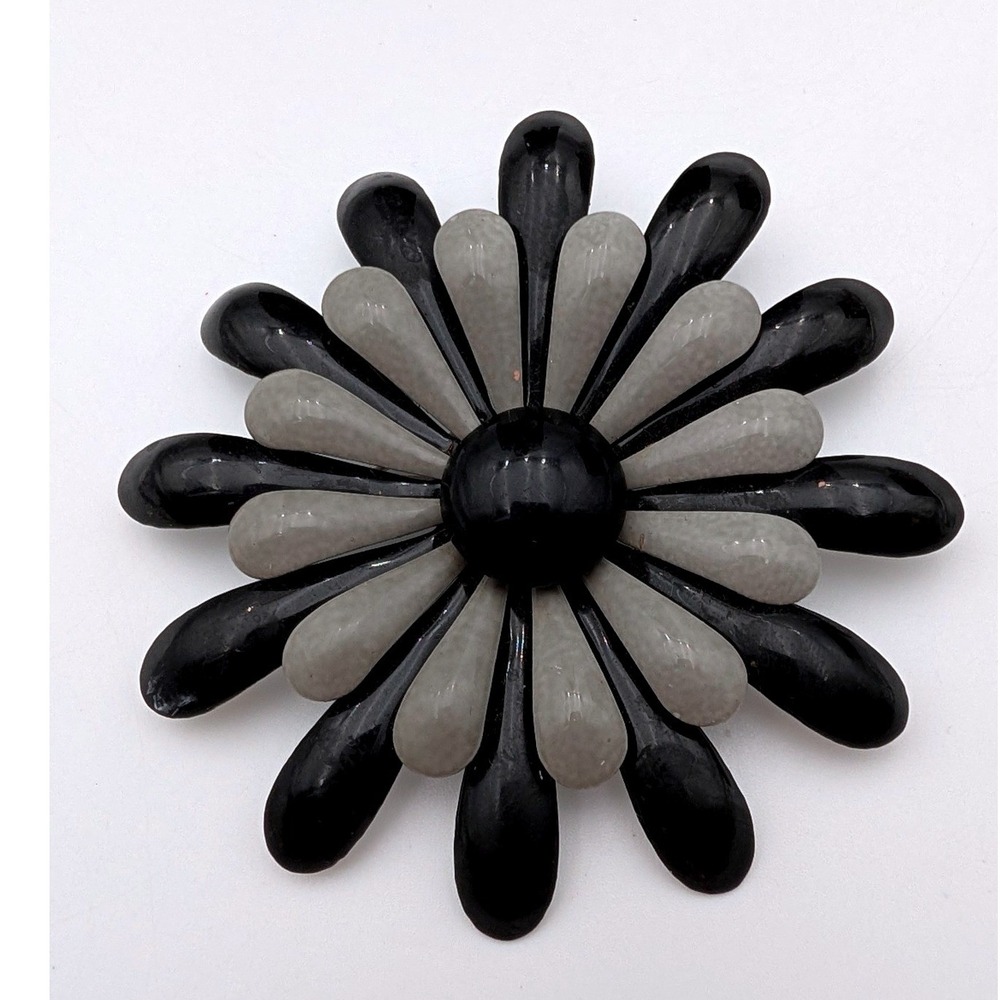 Vintage Enamel Flower Brooch Black Grey Layered Daisy Pin Mid Century Style